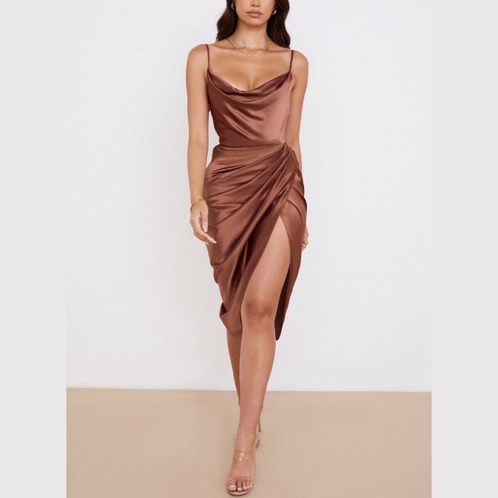 House of CB Copper-Brown Satin Cowl Midi Dress - Picture 2 of 13